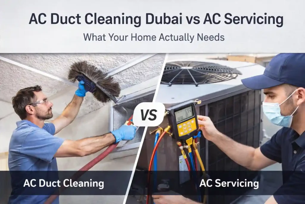 AC duct cleaning Dubai vs AC servicing comparison for home cooling and air quality