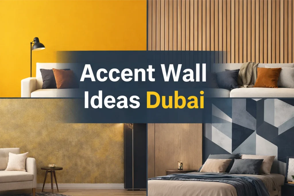 Modern accent wall ideas in Dubai featuring wooden panels, geometric patterns, metallic finishes, and bold color designs