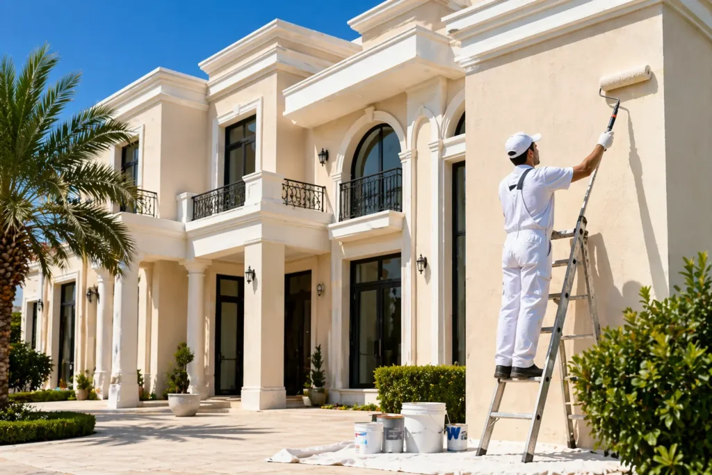 Villa exterior painting Dubai with professional exterior house painting and smooth wall finish