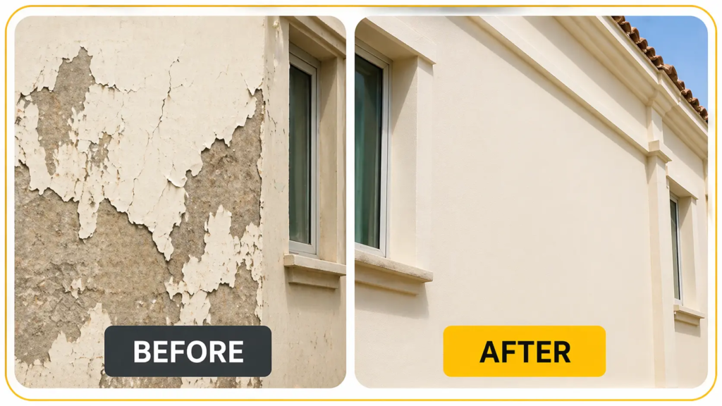 Exterior wall painting before and after in Dubai showing peeling paint repaired and smooth fresh exterior finish