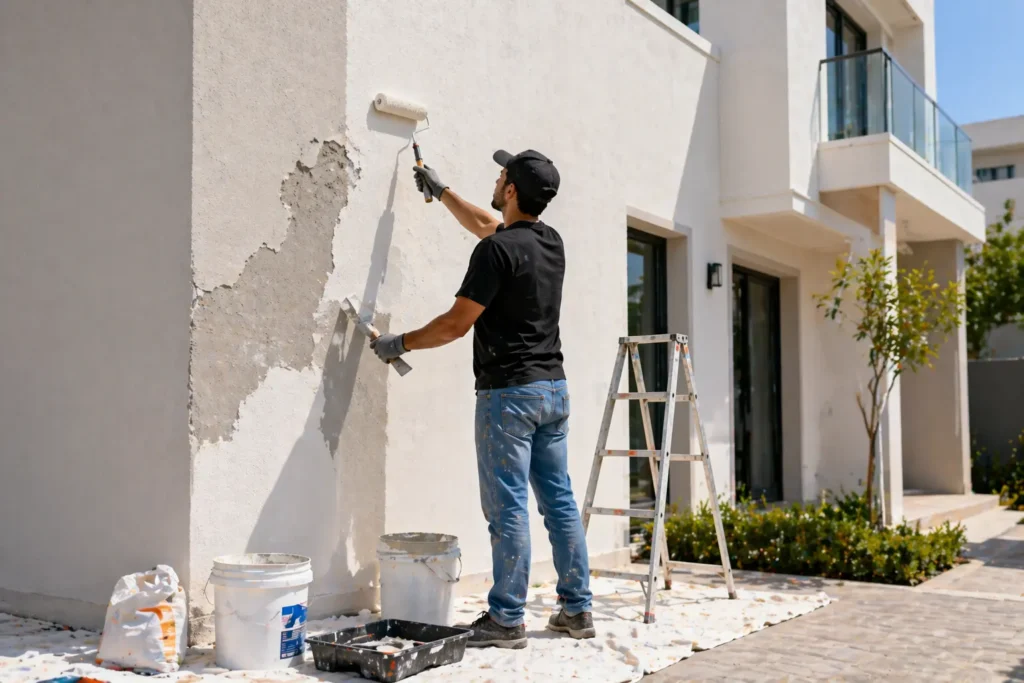 Exterior wall repair and repainting Dubai with painter fixing cracks and painting exterior house