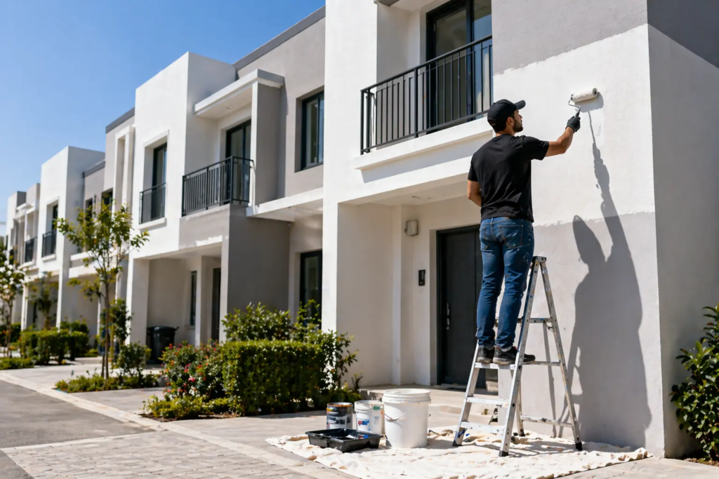 Townhouse exterior painting Dubai with painter in black tshirt and blue jeans painting outside of house